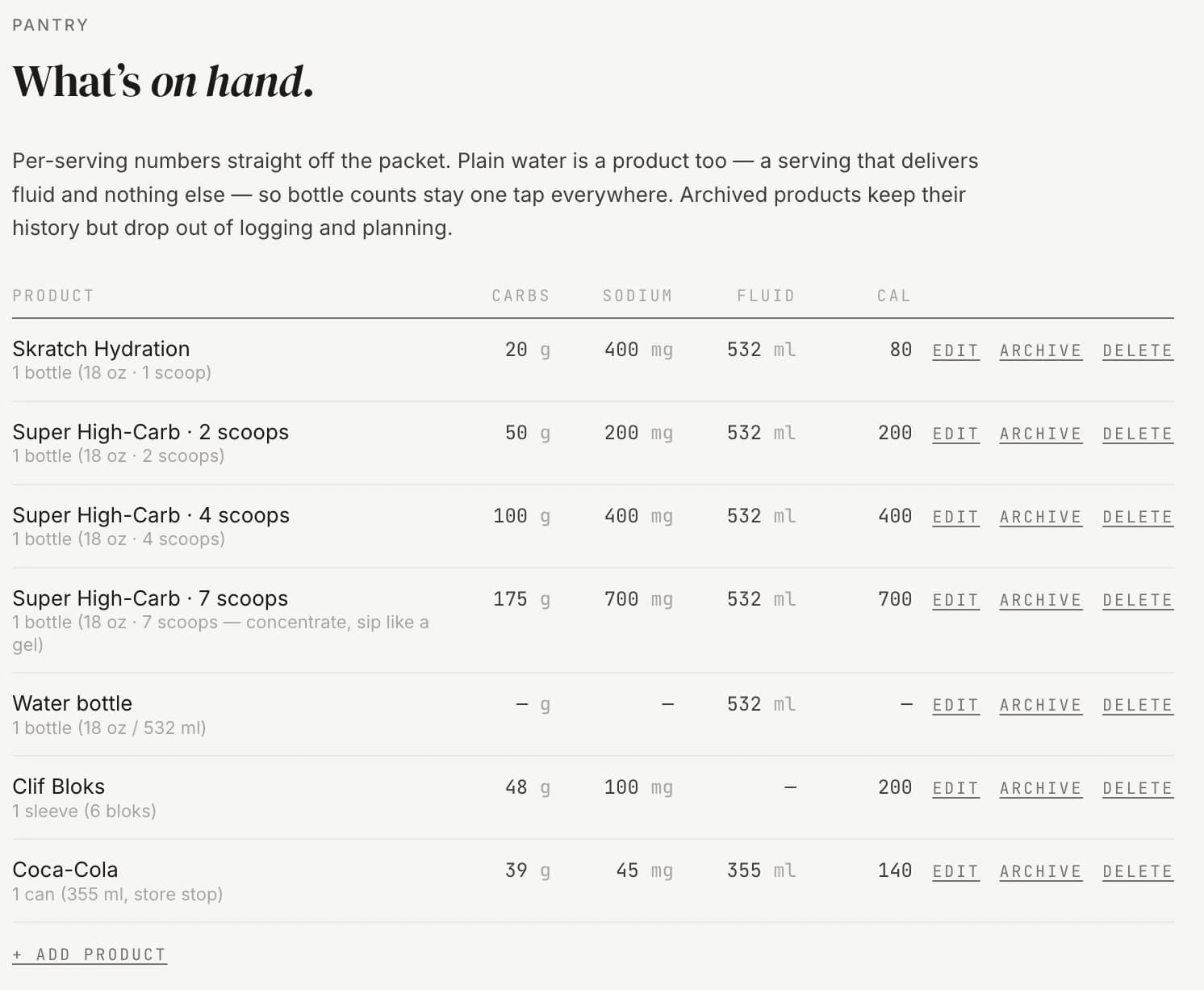 Screenshot of the fuel pantry: a table of products with per-serving carbs, sodium, fluid and calories